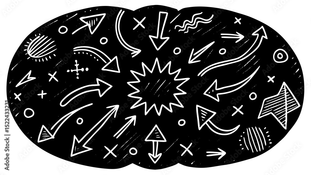 Poster hand drawn set of white arrows pointing in various directions on a black background depicting multip