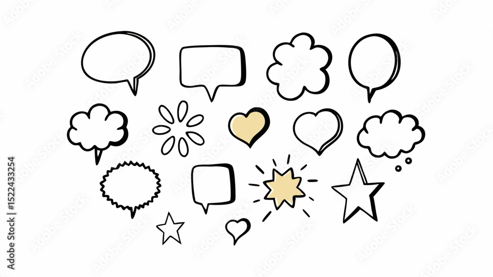 Aufkleber hand drawn speech bubbles and decorative elements black outline icons with transparency for versatil