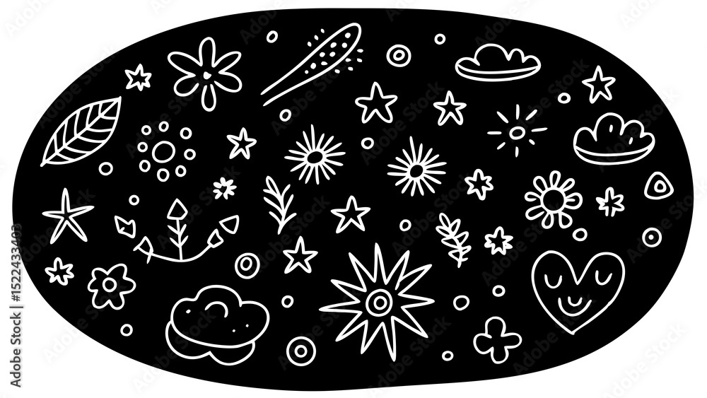 Poster whimsical hand drawn doodle elements in white against a black backdrop creating decorative patterns 