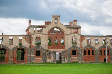 Ruins of a Stable. Ruins of a building in the estate of Vladimir Khrapovitsky. Muromtsevo. An architectural monument of the 19th century Neo-Gothic.  Vladimir region, Russia