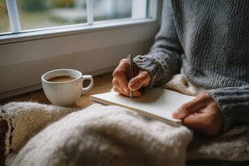 Young man journaling with tea by the window in soft light