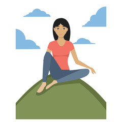 Woman sitting on hilltop peaceful serene nature scene
