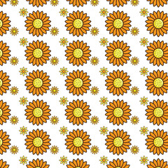 Vibrant flower pattern with orange and yellow sunflowers on white background