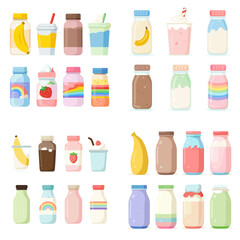 Adorable pastel beverage vector featuring milkshake, smoothie, and fruit drink bottles — great for kids' menus, baby drinks, or kawaii food branding.

