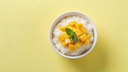 Sticky rice with mango on an isolated yellow background
