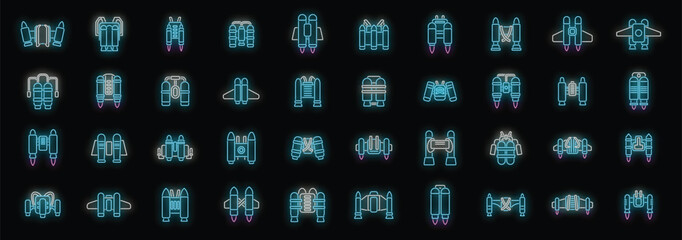 Bright neon jet pack icons represent personal aerial vehicles, showcasing futuristic individual flight and transportation concepts
