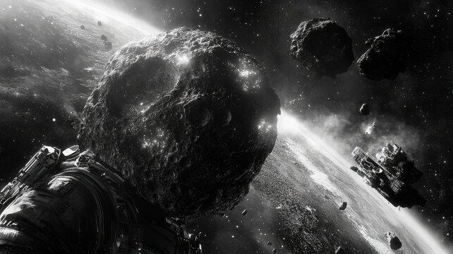 Space Mining Operation. An astronaut surveys a large asteroid in the vastness of space, potentially engaged in mining operations or exploration. - Powered by Adobe