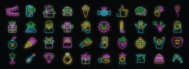 Colorful neon icons depict festive elements, creating a vibrant atmosphere of joy and celebration