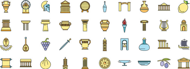 Set of colorful icons representing various aspects of ancient greece, including architecture, mythology, food, music and objects