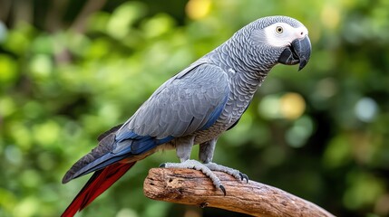 An African grey parrot standing on a wooden perch with vibrant feathers and curious expression