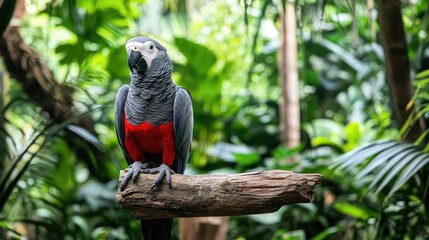 Fototapeta premium An African grey parrot standing on a wooden perch with vibrant feathers and curious expression