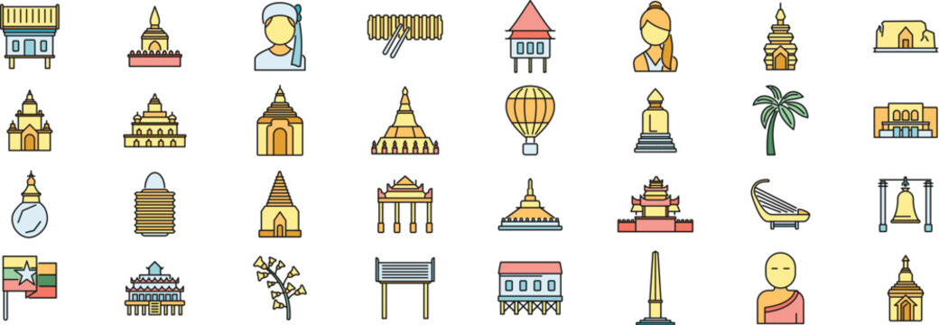 Vibrant icons showcase myanmar's rich heritage, from temples and stupas to traditional attire and musical instruments