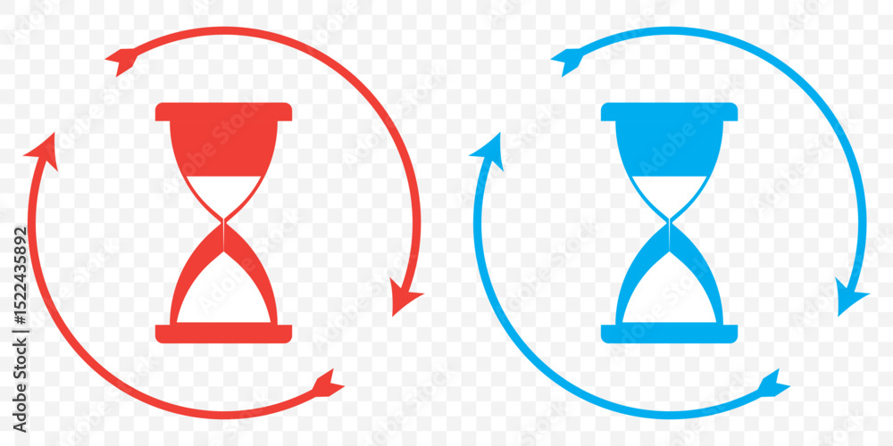 Poster red and blue hourglass icons illustrating the concept of time in a minimalist design suitable for va