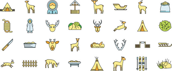 Icons depicting reindeer, herding practices, traditional tools, winter sports, and elements of northern indigenous cultures