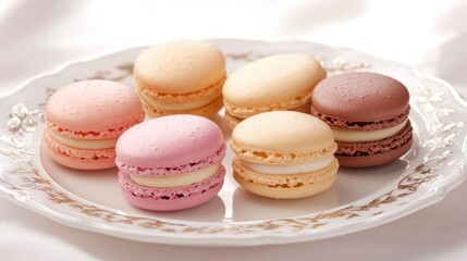 Fototapeta premium Assorted macarons in pastel colors neatly arranged on a white porcelain plate with a soft shadow