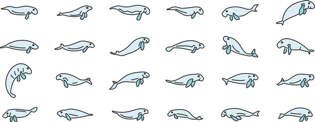 Set of dugong icons showing different swimming and floating positions, ideal for marine life projects