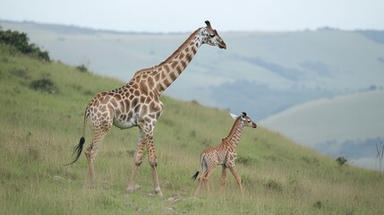 Fototapeta premium A giraffe guiding its calf across a gently sloping grassland scattered with small stones