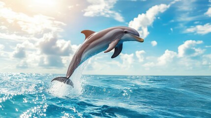 A playful dolphin leaping above crystal-clear ocean water with soft waves and sunlight sparkles