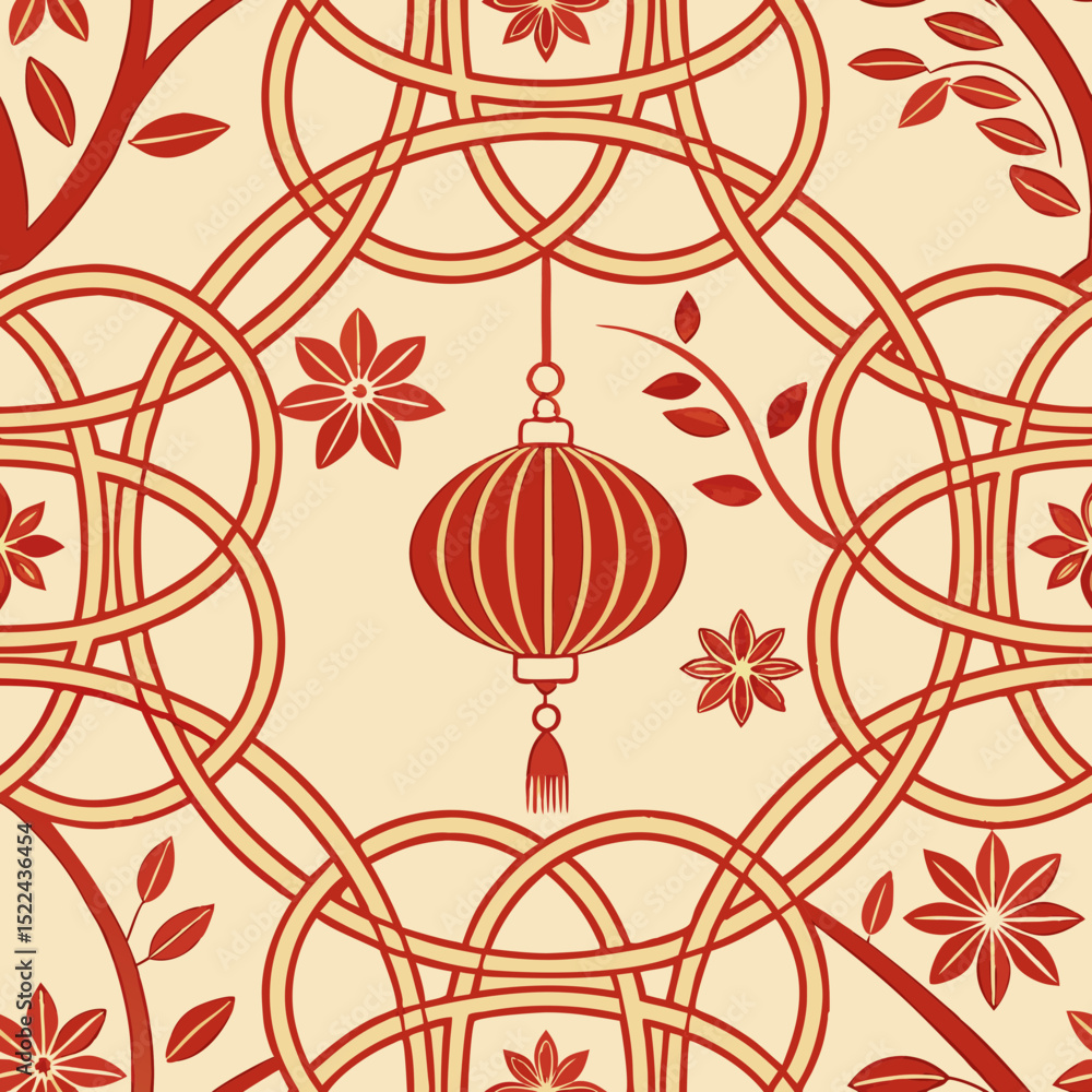 Aufkleber geometric pattern with red lanterns and floral designs on beige background - concept of seamless vec