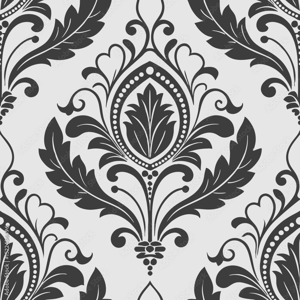 Poster classic damask pattern in deep charcoal on white background - concept of seamless vector pattern