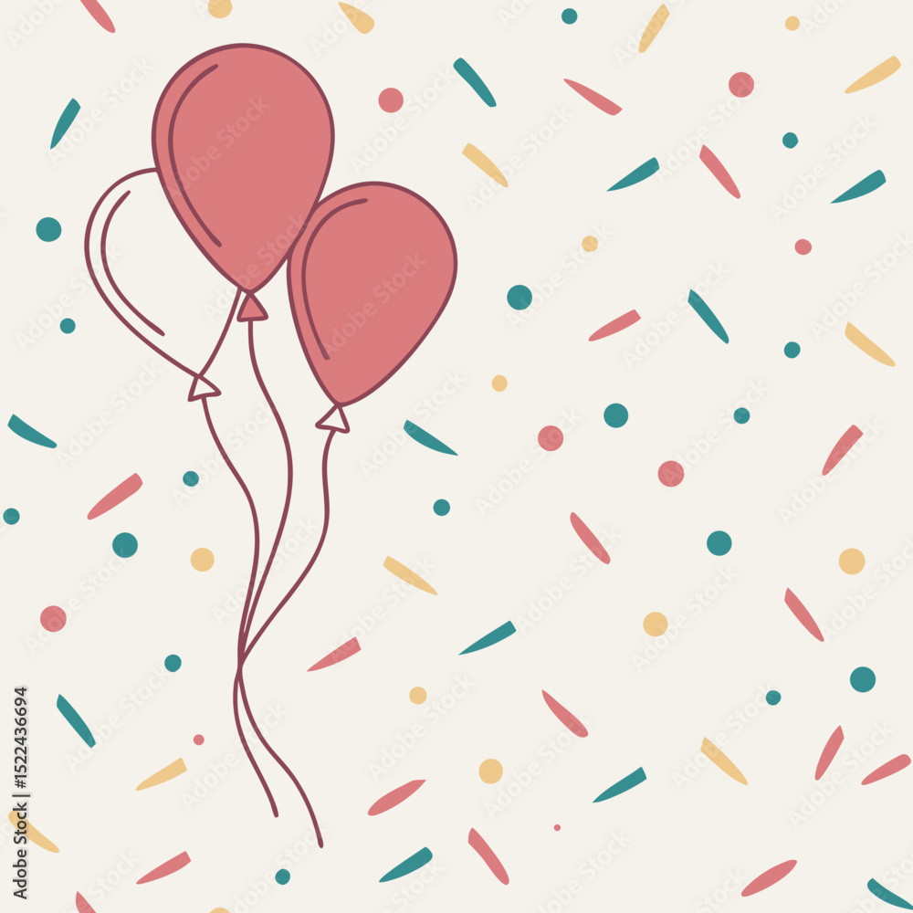Poster three balloons with colorful confetti on seamless vector pattern