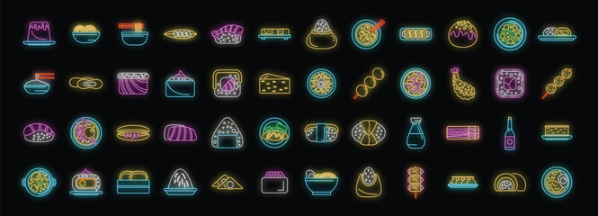 Colorful neon icons representing various japanese dishes, creating a vibrant and eye catching display