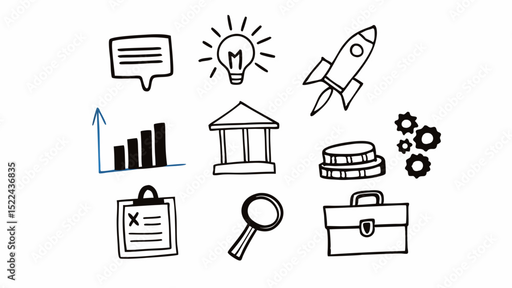 Poster hand drawn business and finance icons in a simple sketchy style with multiple related concepts over 