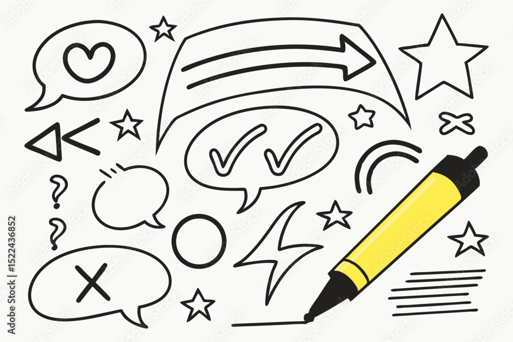 Poster hand drawn doodle elements with speech bubbles stars arrows and pen isolated on white background for