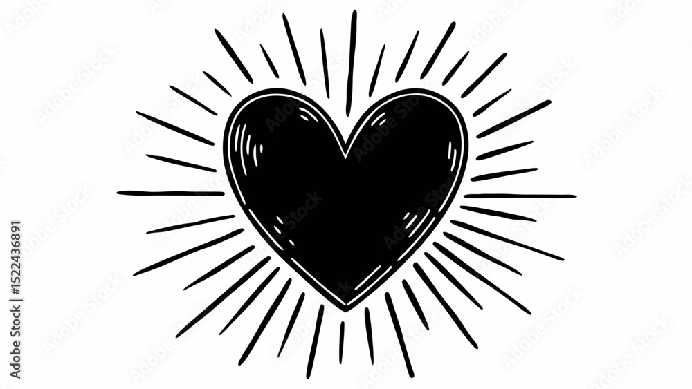 Poster hand-drawn black heart with radiating lines in a retro style on a transparent background perfect for