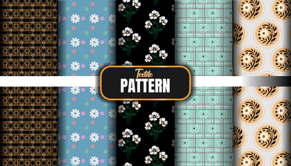 Seamless vector pattern set with floral and geometric vintage designs in pink for textile and wallpaper decoration
