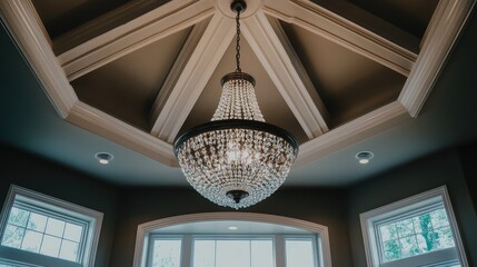 Crystal ball chandelier suspended from a tray ceiling with subtle crown molding detail