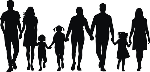 silhouettes of families with parents and children doing activities like walking