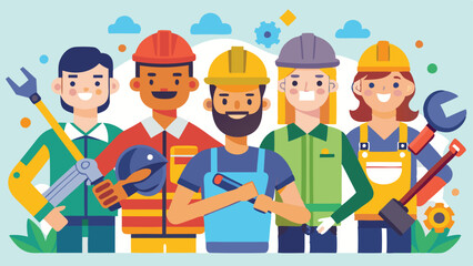 Illustrated Diverse Group of Construction Workers and Mechanics with Tools and Blue Sky Elements