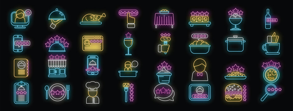 Bright neon icons depicting diverse food and restaurant themes