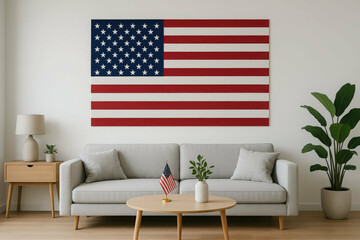 Happy 4th of July, independence day of USA.  living room with sofa and American flag on wall. 