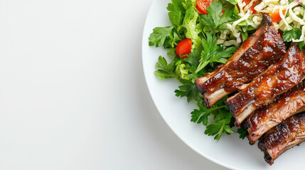 Delicious BBQ ribs served with fresh salad, featuring greens, tomatoes, and cabbage, creating vibrant and appetizing meal