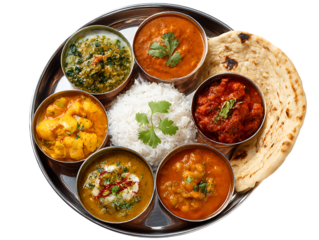 A top view of a delicious traditional Indian thali on clipping path transprent