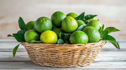 Farmhouse-style basket with green citrus fruits and leaves, placed on a whitewashed wood surface