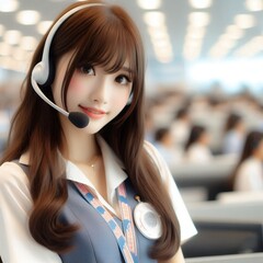 Professional Asian Female Call Center Operator in Uniform with Headset for Customer Service and Support Concept with Generative AI.