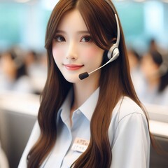 Professional Asian Female Call Center Operator in Uniform with Headset for Customer Service and Support Concept with Generative AI.