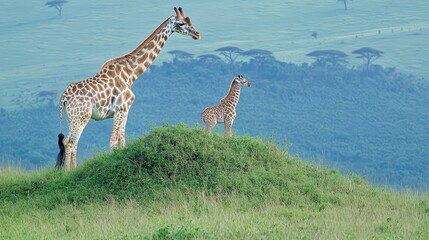 Obraz premium Giraffe and calf near a small hill, surrounded by thick green grass and wild trees in the distance