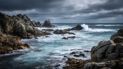 High-resolution cinematic seascape with crashing waves hitting rugged coastal rocks, overcast sky, dramatic ocean spray, moody and intense tone, natural textures 