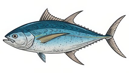Hand-drawn style tuna with a textured blue body and natural detailing, appearing as a realistic fish sketch.