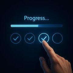 Hand pointing at glowing checkmarks indicating task progress in UI interface