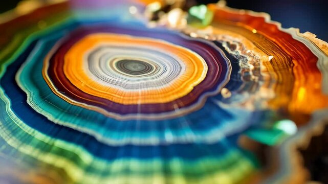 Detailed view of a colorful agate slice displaying concentric banding patterns in shades of blue, green, orange, purple, and white.