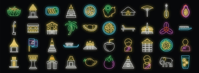 Colorful neon icons showcasing various aspects of cambodian culture, from traditional food and architecture to religious symbols and tropical fruits