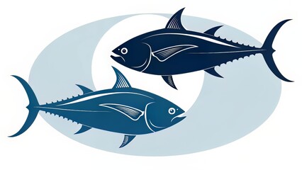 Minimalist pair of opposing tuna shadows in symmetrical positioning, emphasizing contrast and fluidity.