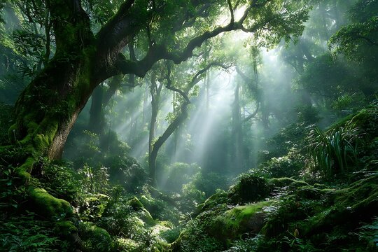 Hyper-realistic morning jungle scene with lush green foliage, soft beams of sunlight piercing through dense canopy, moisture in the air, moss-covered tree trunks, cinematic rainforest atmosphere  - Powered by Adobe