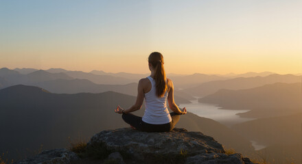 Young Woman Meditating on Mountain Top at Sunrise