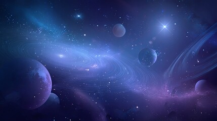 Futuristic dark space themed background with glowing stars, vibrant planets, and a gradient of deep blue to purple, ideal for sci-fi, technology, or innovation PowerPoint presentation designs.

